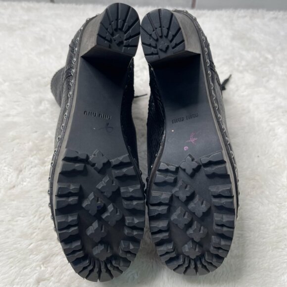 Miu Miu Women's Black Leather Heeled Lace Up Wooden Boots Size 40 - Picture 14 of 16